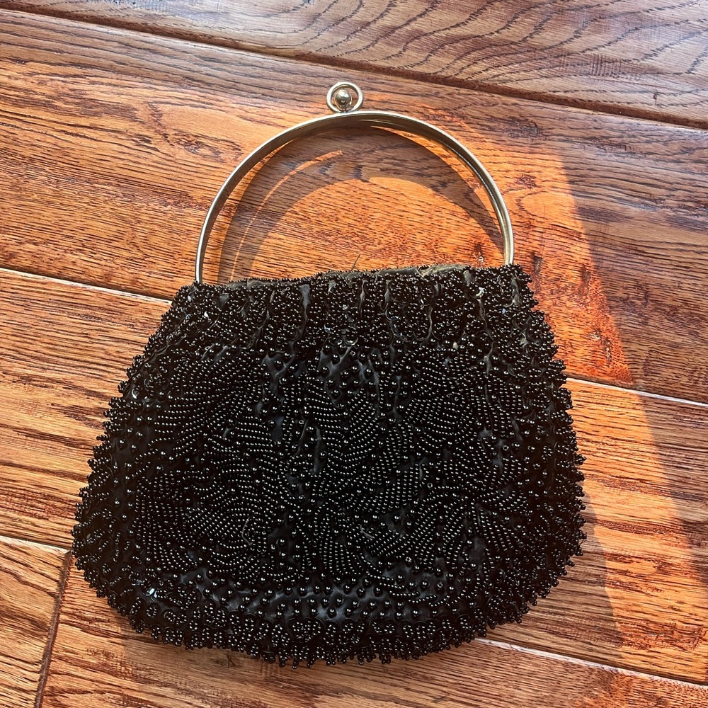 Vintage Black Beaded Evening Bag with Gold Frame